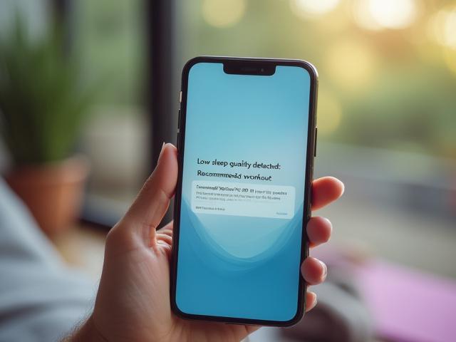 Smartphone showing a personalized workout plan adapted to low sleep quality, suggesting yoga.