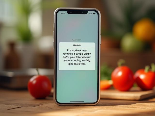 Smartphone displaying intelligent nutrition reminders for pre and post workout meals.