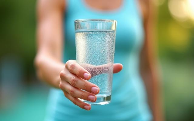A close-up of a person holding a glass of water with condensation, with a blurry background of active life, emphasizing the simple yet profound impact of hydration.