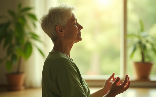 A person in their late 40s meditating peacefully in a natural, light-filled environment, a subtle glow around them, symbolizing mental wellness.