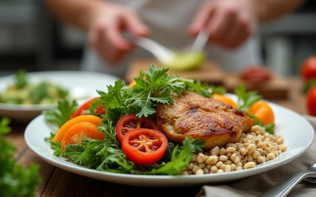 A balanced plate of vibrant, healthy food being prepared, with hands gently mixing fresh ingredients in a stylish kitchen, emphasizing nutrition and mindful eating.
